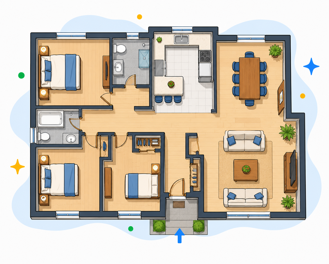 Example furnished floorplan showing bedrooms, bathrooms, kitchen and living space